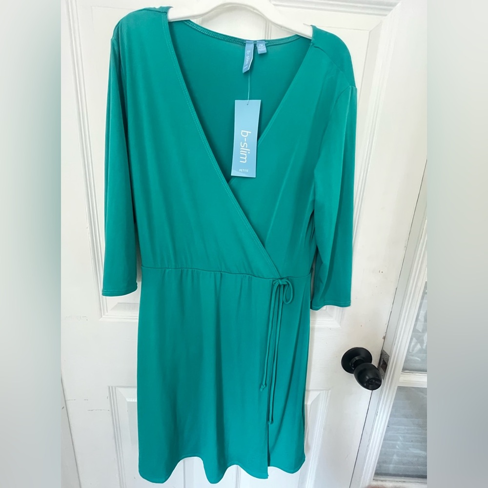 NWT B-Slim petite medium Teal Wrap Dress with spanx insert